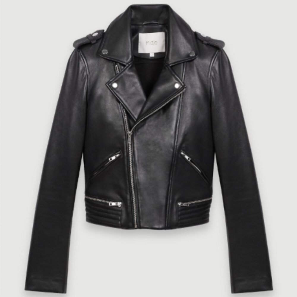 NWOT Maje Basalt Leather Biker-Style Jacket, Size US 2 / FR 36